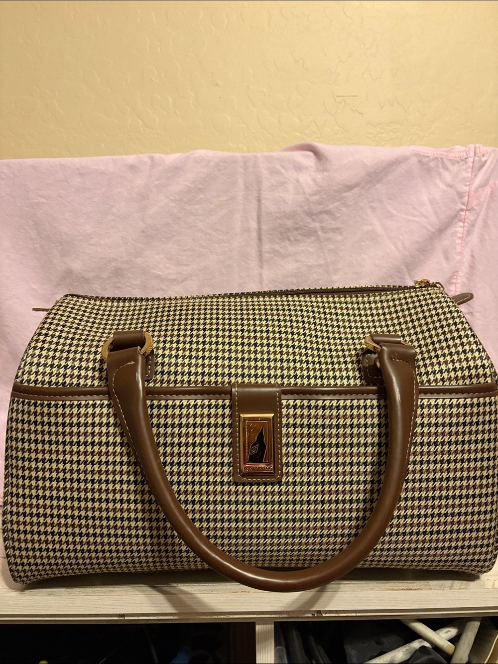 London Fog Brown Houndstooth Travel Satchel with Tan Trim